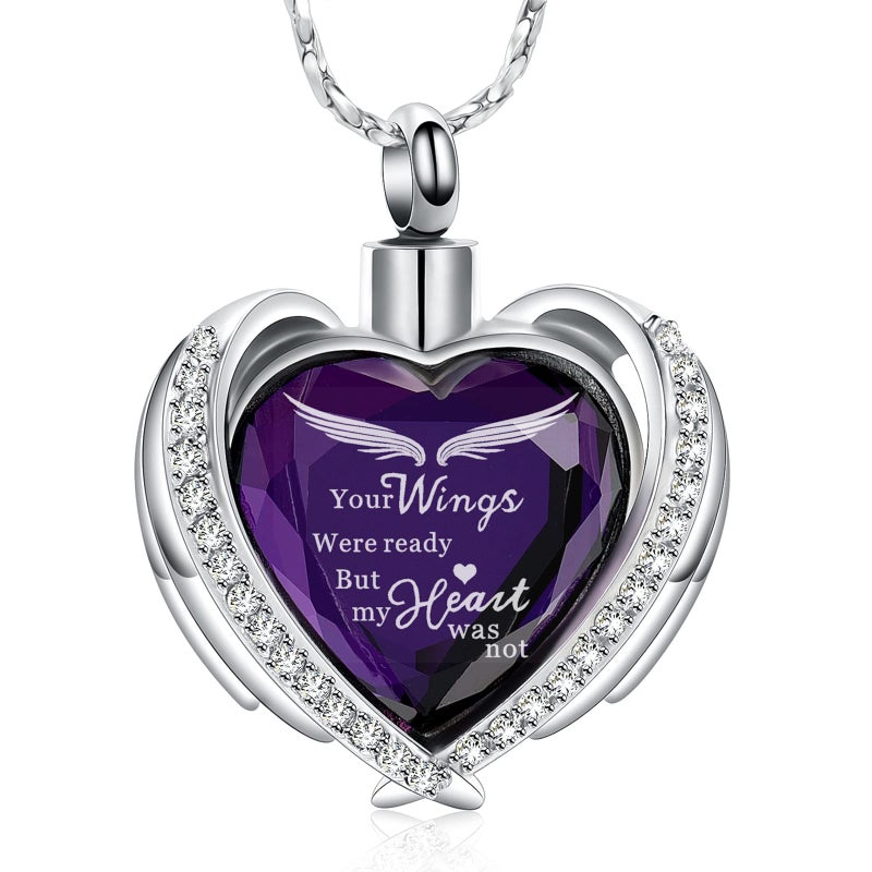 Imrsanl Cremation Jewelry Angel Wing Heart Urn Pendant Necklaces for Women Crystals Urns for Human Ashes Memorial Locket Keepsake Ashes Jewelry (Wings-Purple) - Image 1